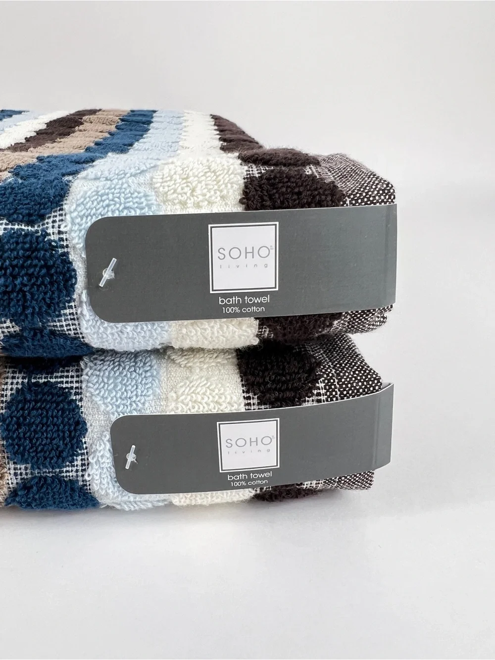 Soho Living Bath Towel Dots and Stripes Brown Blue White Soft Cotton 2 Pc NEW